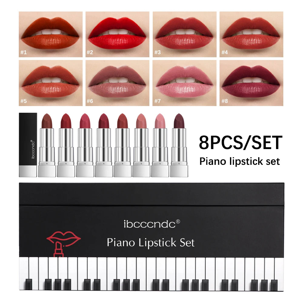 8Pcs/Set Velvet Matte Lipstick Set Long Lasting Waterproof Creative Piano Box Design Nude Red Batom Makeup Cosmetic Gifts - Seprincess