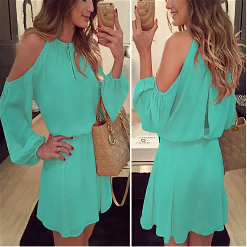 New Women Sexy Long Sleeves Casual Off Shoulder Chiffon Party Evening Club wear Short Mini Dress - Seprincess