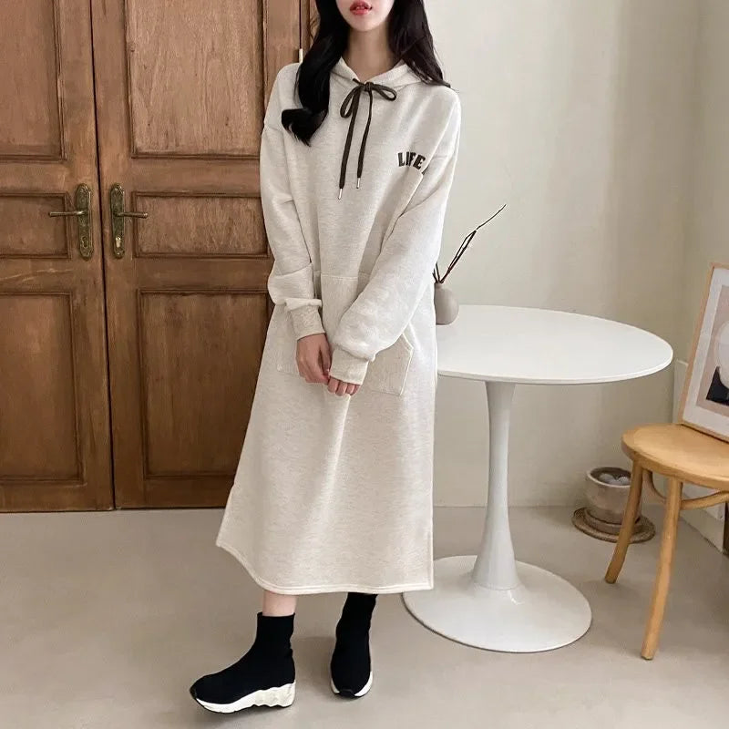 2023 Autumn/winter New Women's Fleece-lined Thickened Sweatshirt Hooded Dress Loose-fit Long Over-knee Korean Style - Seprincess