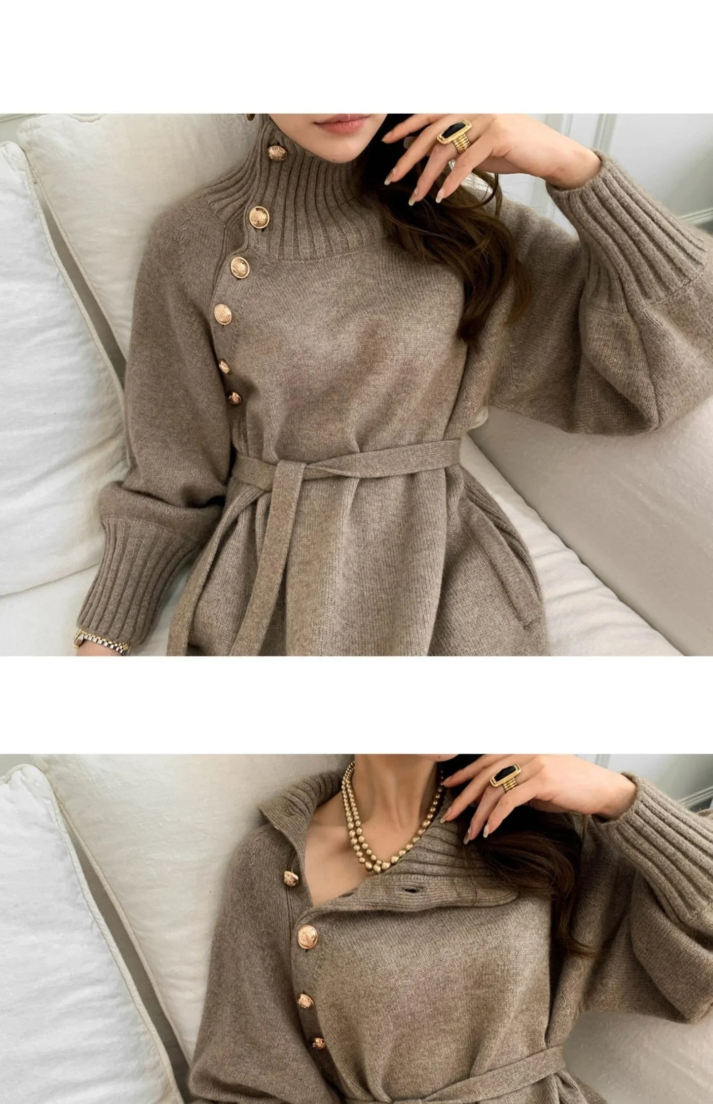 Winter Turtleneck Buttons Women Knitted Dress Elegant Full Sleeve Lace-up Female Thicken Long Dress for Sweater Autumn New