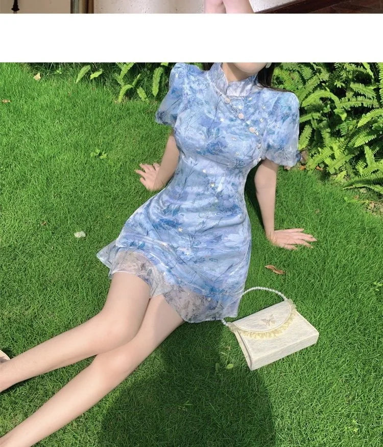 Summer French Short Sleeve Modern Chinese Dress Improvement Cheongsam Girl's Blue Print Fashion Dresses Qipao - Seprincess