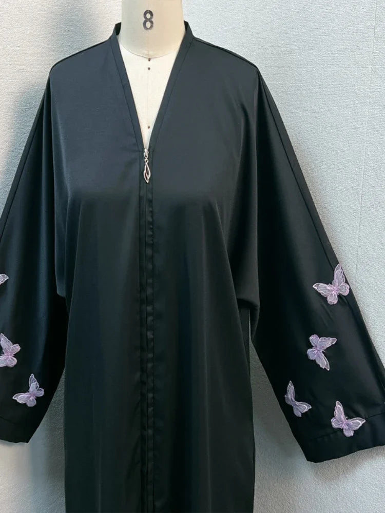 Eid Muslim Abayas for Women Butterfly Embroidery Zipper Up Cardigan Party Abaya Caftan Ramadan Dubai Arab Long Robe 2024 Dress - Seprincess