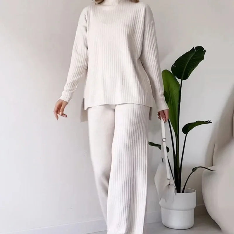 Women Knitted Two-piece Set Casual Loose Women's Home Suit With High Collar Top Wide Leg Trousers Knitting 2 Piece Outfit Winter - Seprincess