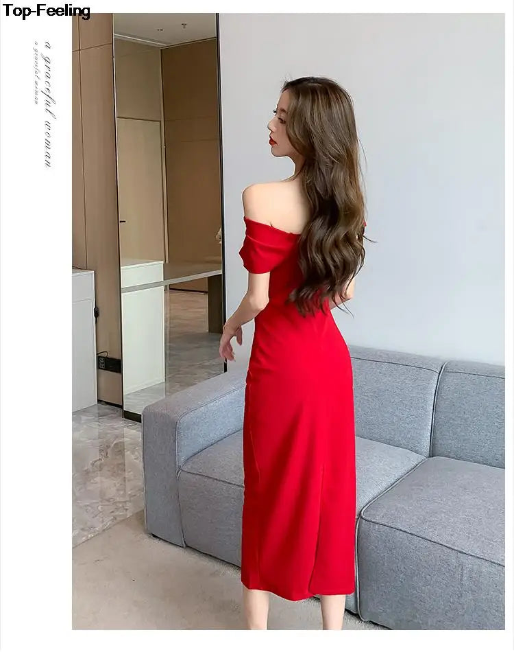 Elegant Off Shoulder Evening Party Dresses Women Summer Fashion Slim One Piece Solid Vestidos Korean Graduation Robe Clothing - Seprincess