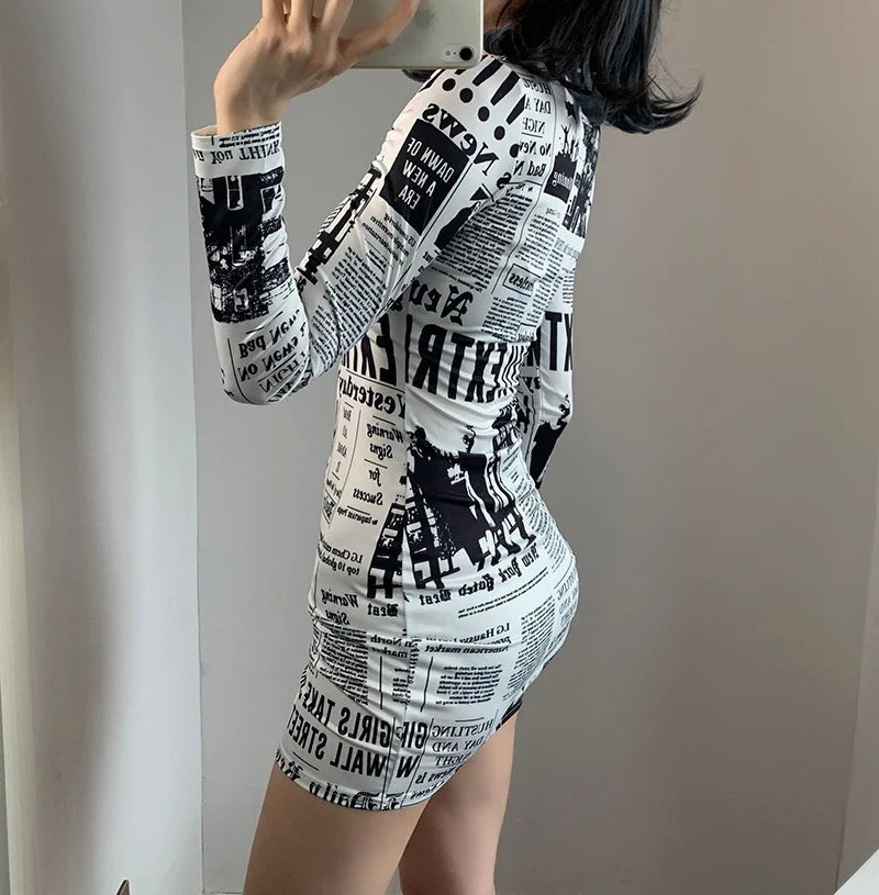 Hot-selling Printed Europe Newspaper Sexy Mini Dress 2020 Autumn New Fashion Street Shooting Slim Girl Female Square Collar ZW0 - Seprincess