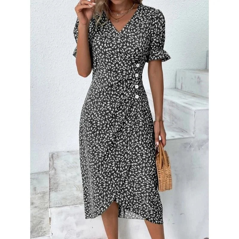 Spring Floral Bodycon Midi Dress For Women V Neck Long Sleeve Ruched Slim Fit Dresses Female Sexy Vestido Robe - Seprincess