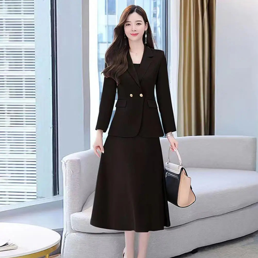 2Pcs Women Outfit Commute Trendy Office Lady Dress Coat Set Elegant Sling Style Coat Long Dress Suit Lady Business Skirt Suit - Seprincess