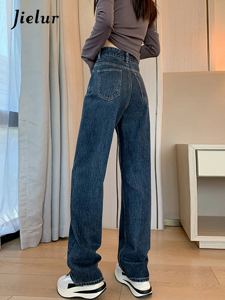 Jielur Dark Blue Straight Basic Female Jeans High Waist Slim Loose Solid Color Simple Women's Wide Leg Pants Chic Office Ladies