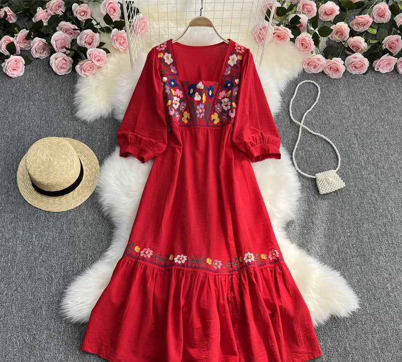 Spring/Summer Women's Travel Vacation Vintage Long Dress Bohemian Ethnic Style Embroidered Waist Tie up Cotton and Linen Dress ? - Seprincess