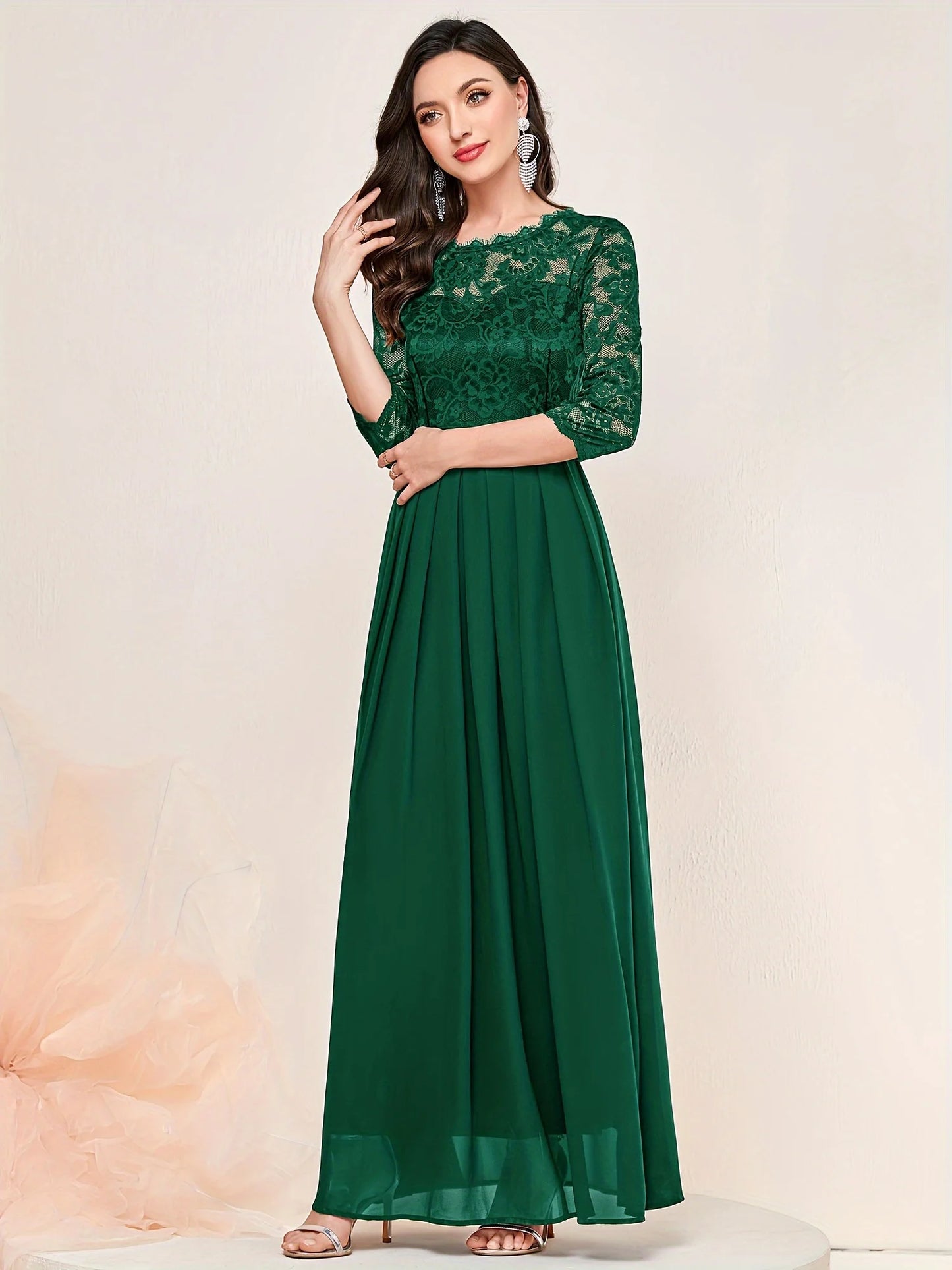 Contrast Lace Pleated Elegant Solid 3/4 Sleeve Party Maxi Formal Evening Dress - Seprincess