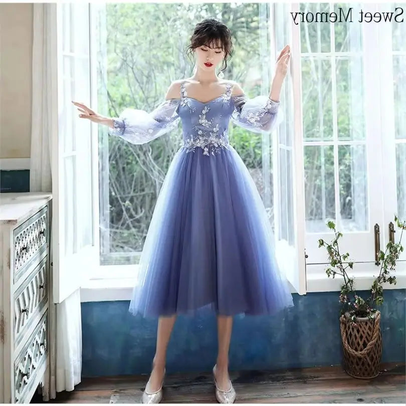 Sweet Memory 2025 Women Blue Bridesmaid Dresses Tea Length Appliques Lace Flowers Mismatched With Sleeves Wedding Party Dress - Seprincess