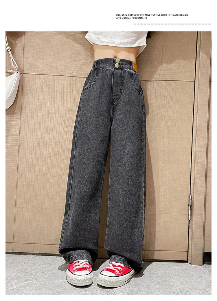 Teenage Jeans for Girls 2024 Spring Summer Casual All-match Loose Kids Leg Wide Pants School Children Trousers 4-16 Years