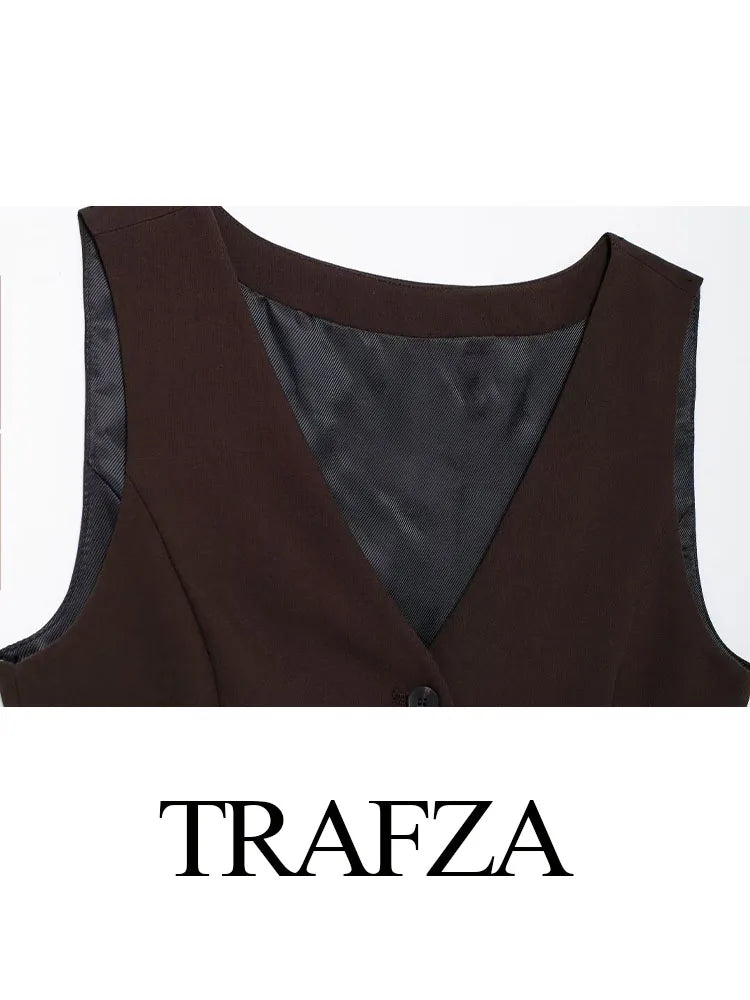 TRAFZA Female Sets V-Neck Sleeveless Side Slit Single Breasted Vest+High Waist Pockets Sashes Wide Leg Pants Women Fashion Suit - Seprincess