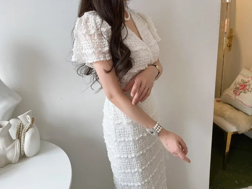 Women Elegant Bodycon Dress Summer Sexy V-neck Short Sleeve Korean Long Dresses Ladies Vintage Solid White Black Long Robe - Seprincess