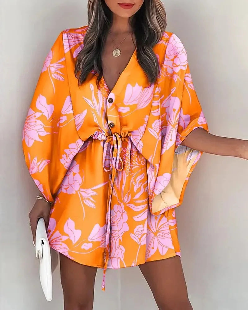 Summer Boho Mini Dress Women Flora Print Batwing Sleeve Lace-Up V Neck Loose Button Dresses Ladies Beach Party Dress Vestido - Seprincess