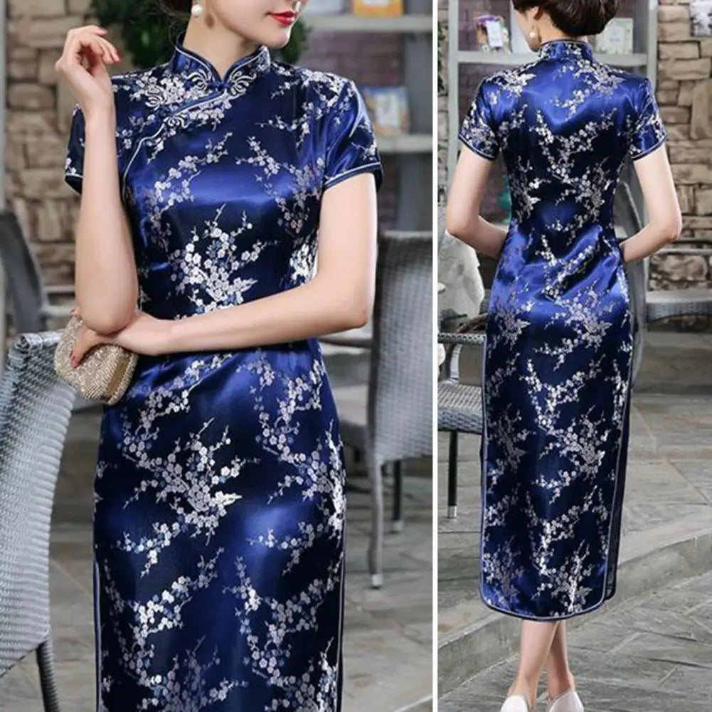 Retro Style Cheongsam Dress Elegant Chinese National Style Floral Embroidery Cheongsam Dress with Stand for Summer for Women - Seprincess