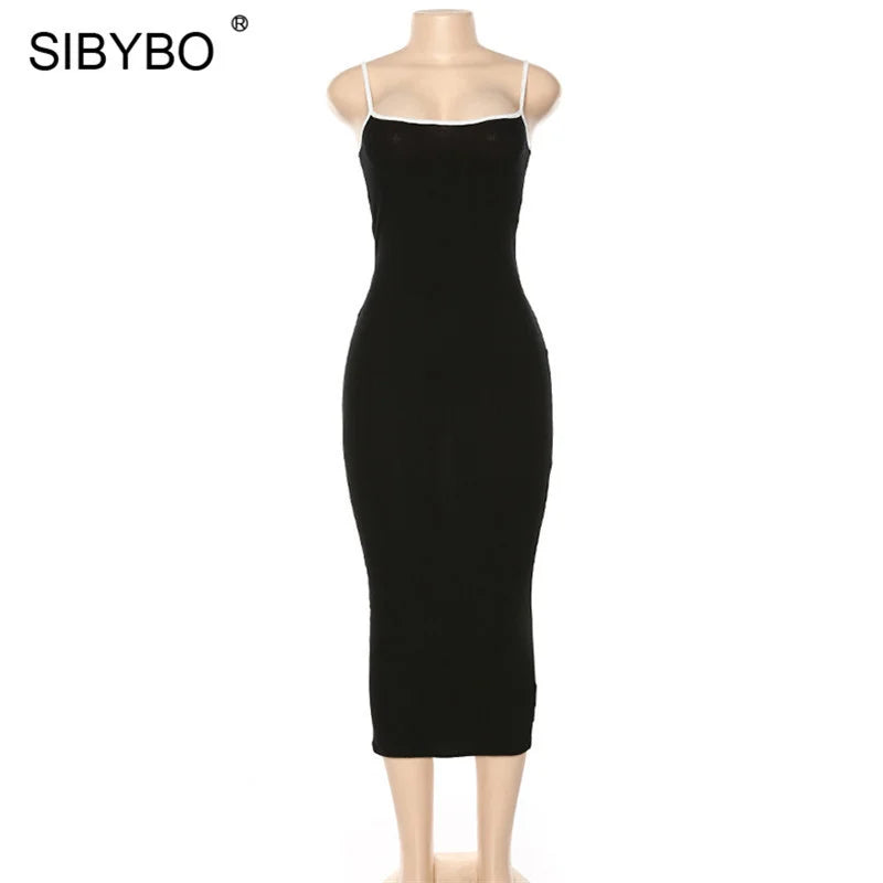 SIBYBO Ribbed Spaghetti Strap Cotton Dress Women Sleeveless O-Neck Summer Dress Solid Backless Long Party Dress - Seprincess