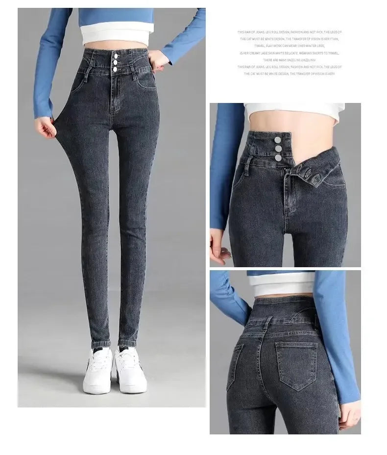 Thickened High-waisted Fleece-lined Jeans Women's Black Grey Slimming Winter 2021 New Style Tightening Integrated Velvet Pants