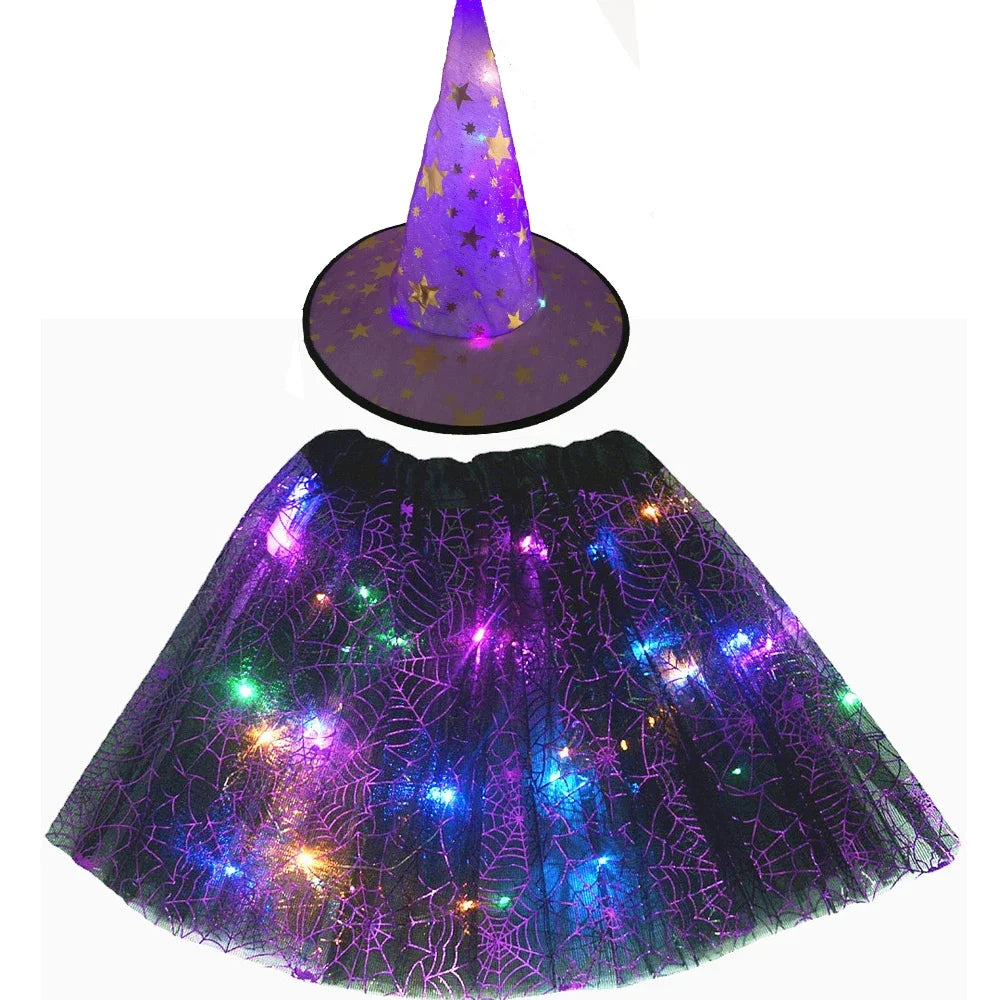 Women Kids Girl Luminous LED Glow Light Up Elf Witch Hat Star Skirt Spider Web Tutu Wizard Costume Party Gift Halloween Festival - Seprincess