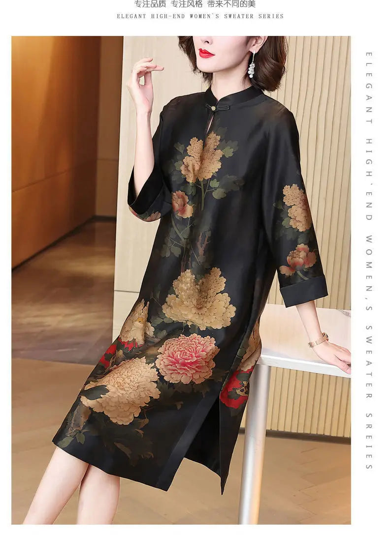 2024  chinese style disc buckle loose style printed cheongsam dress women spring stand collar retro daily long qipao skirt w300 - Seprincess