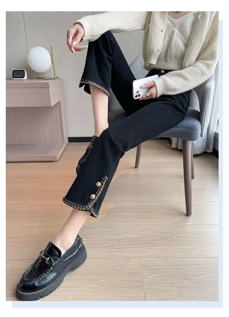 Winter Fashion Luxury Women's Clothing Slim Pants Elastic Force Solid Color Panelled Button Slit Straight Tube Cropped Trousers