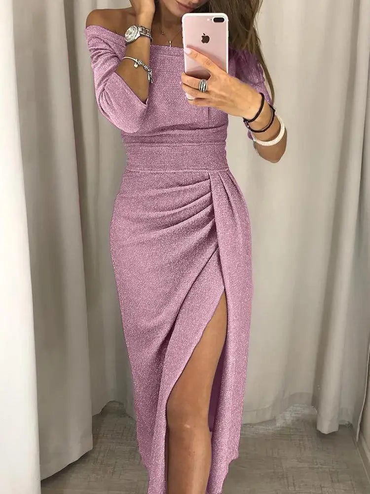 2023 New Women's Off Shoulder Long Sleeve Bodycon Evening Party Long Dress Asymmetrical Split Pencil Dresses S M L XL XXL - Seprincess