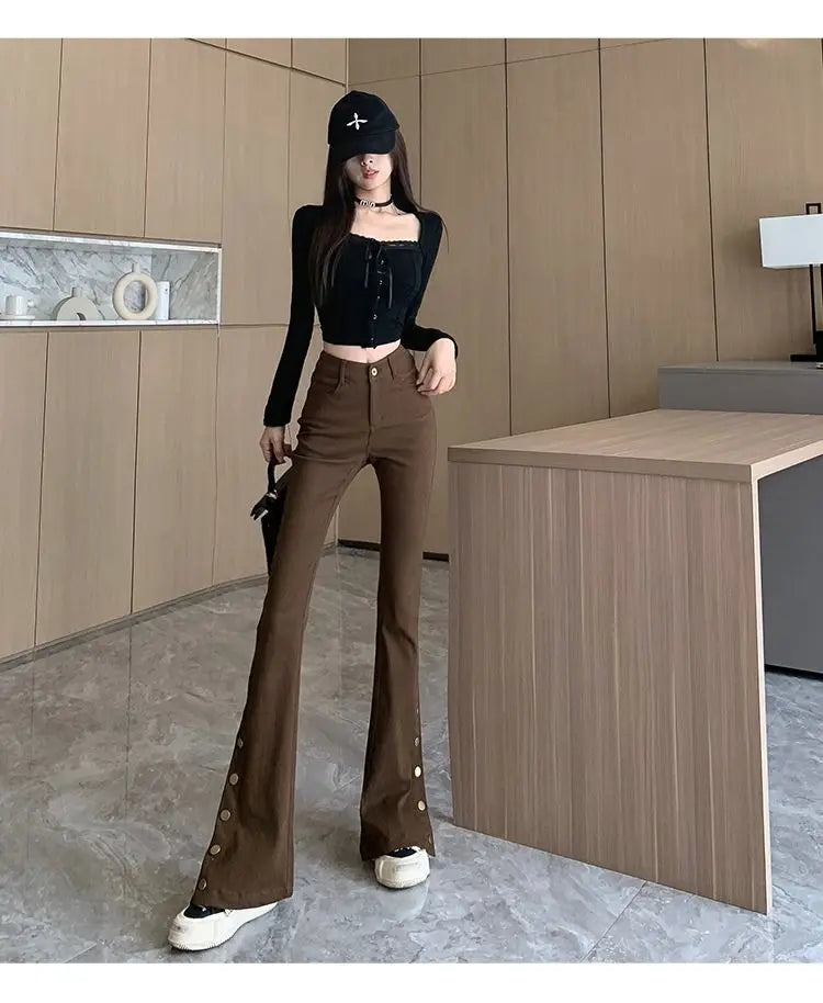 Micro-boot jeans brown buttoned design women's autumn and winter new high-waisted slim straight-leg floor mopping pants