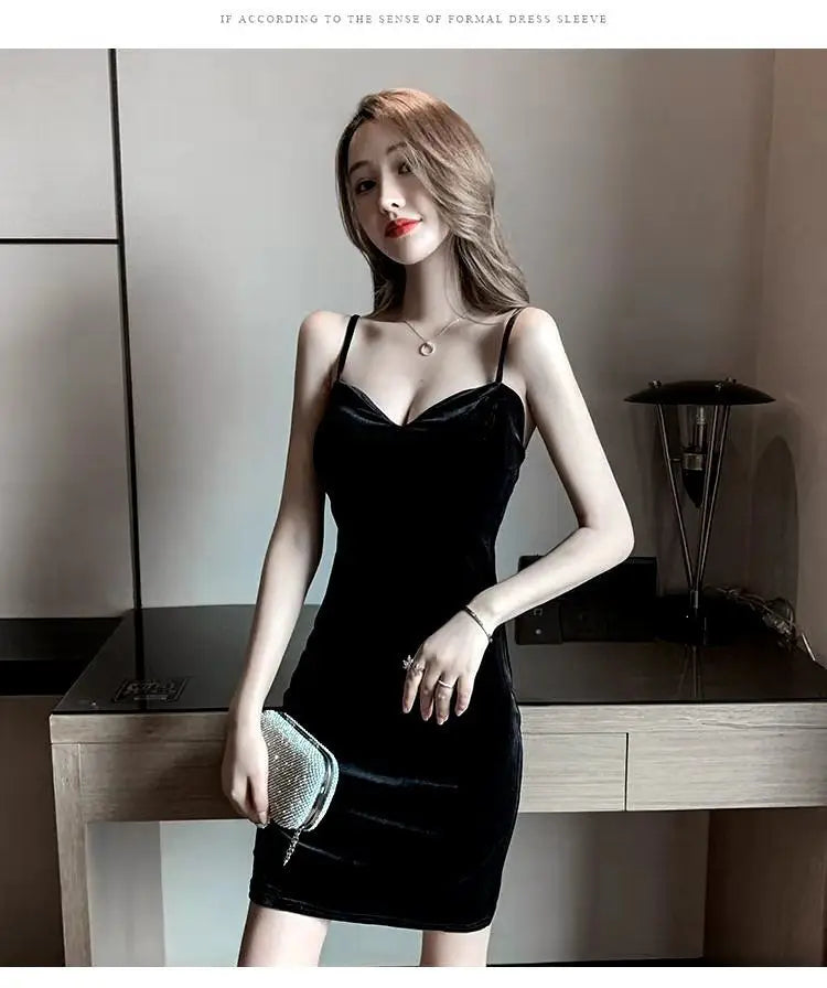 Women Black Velvet Spaghetti Strap Dress Summer V Neck Slim Sleeveless Off Shoulder Fashion Elegant Party Dresses Vestidos - Seprincess