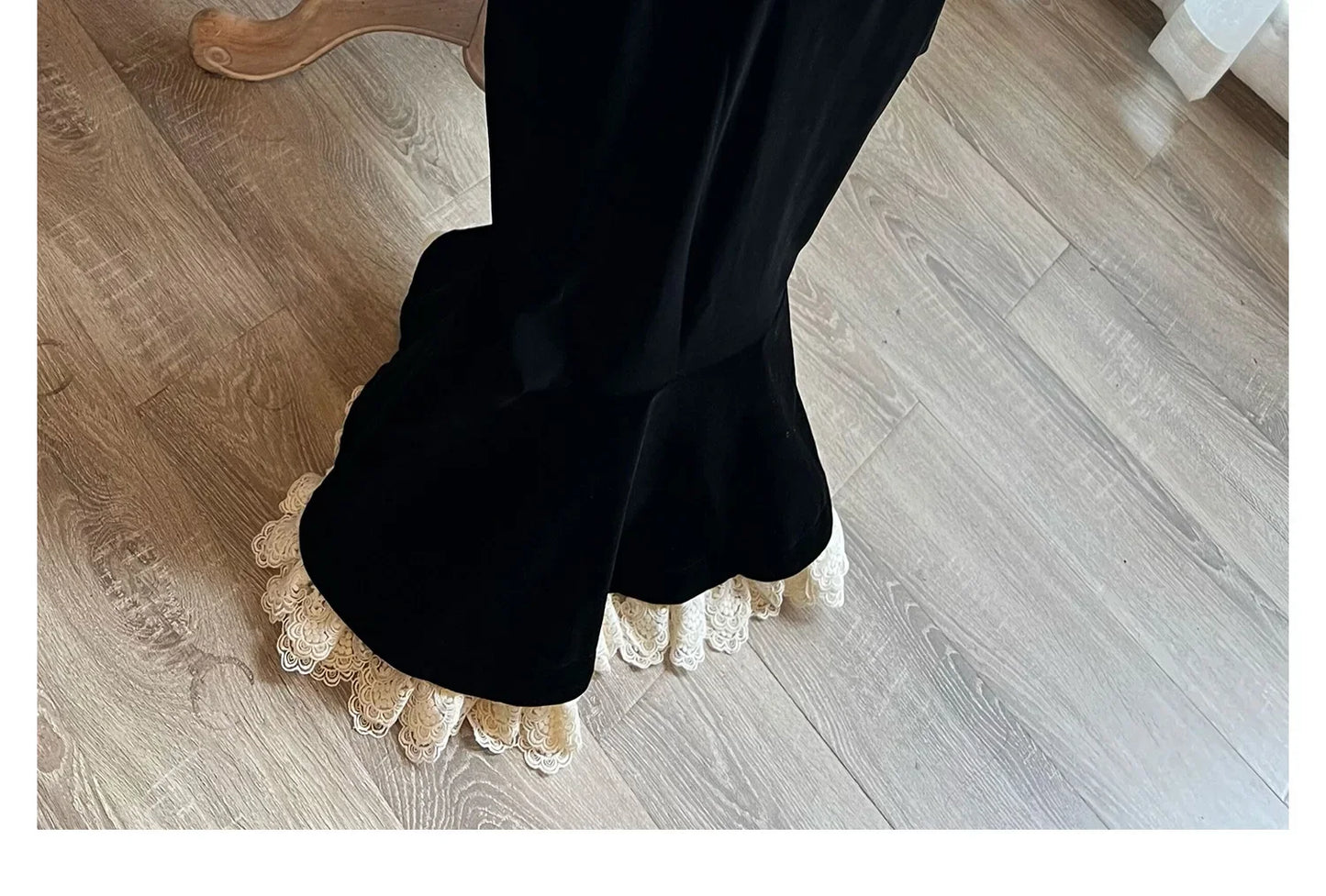 Elegant French Haban Style Fish Tail Skirt Spring Autumn Soft High Class Square Collar Long Sleeve Black Velvet Long Dress - Seprincess