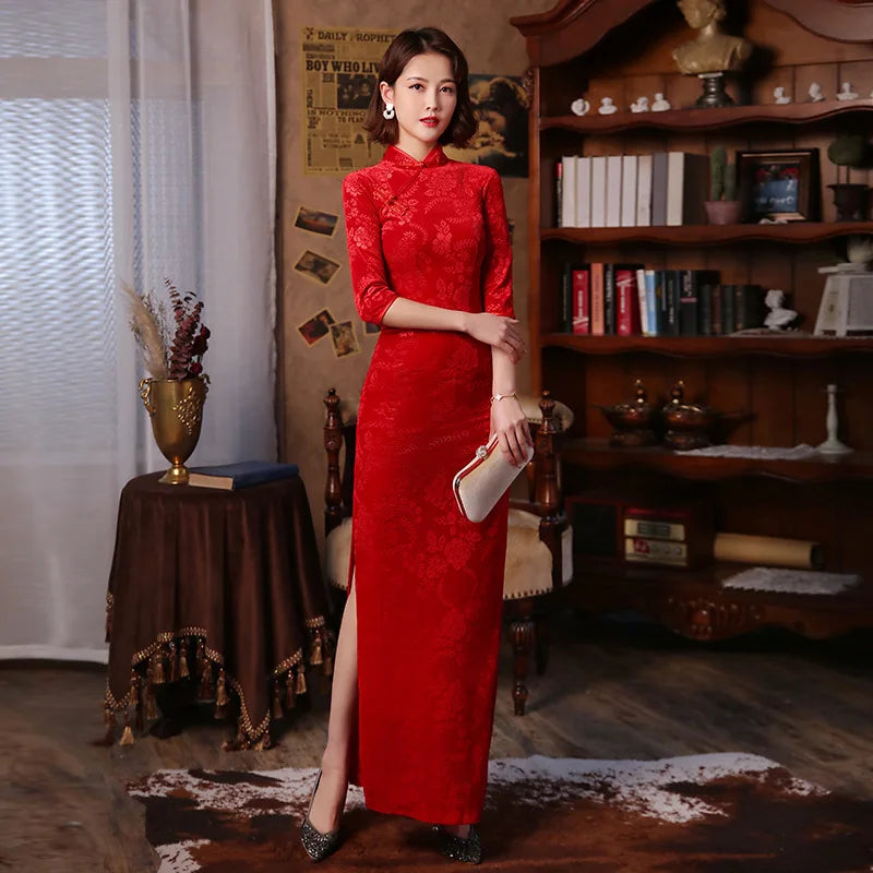 Red 3/4 Sleeve Long Cheongsam Velvet Slim Mother Dress Elegant Traditional Evening Dresses Qipao - Seprincess