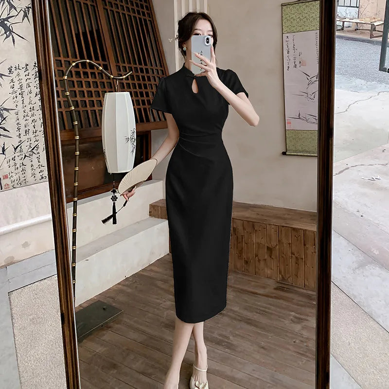 New Chinese Style Black Creamy-white Qipao Dress Women's Summer Slim Satin Modern Improved Cheongsam Evening Wear - Seprincess