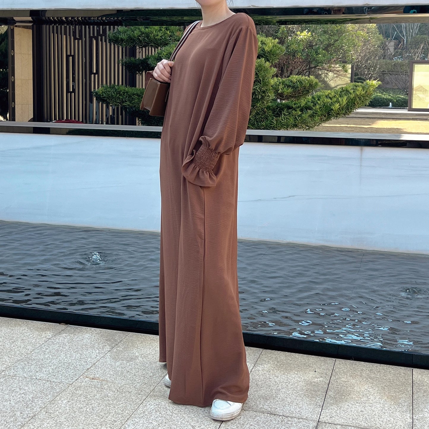 Under Abaya Inner Long Slip Dress Solid Color Smocked Cuffs Islamic Clothing Muslim Woman Casual Dubai Turk Modest Hijabi Robe - Seprincess