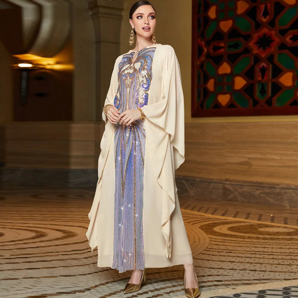 Multicolor Sequins Arabic Dress Chiffon Butterfly Sleeves Dubai Saudi Party Evening Gown Muslim Abaya Ramadan Eid Kaftan Islam - Seprincess