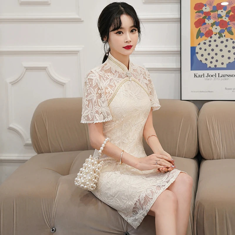 Chinese Traditiona Vintage Lace Improved Cheongsam Summer Short Sleeve Qipao Dress Modern Women Clothes - Seprincess