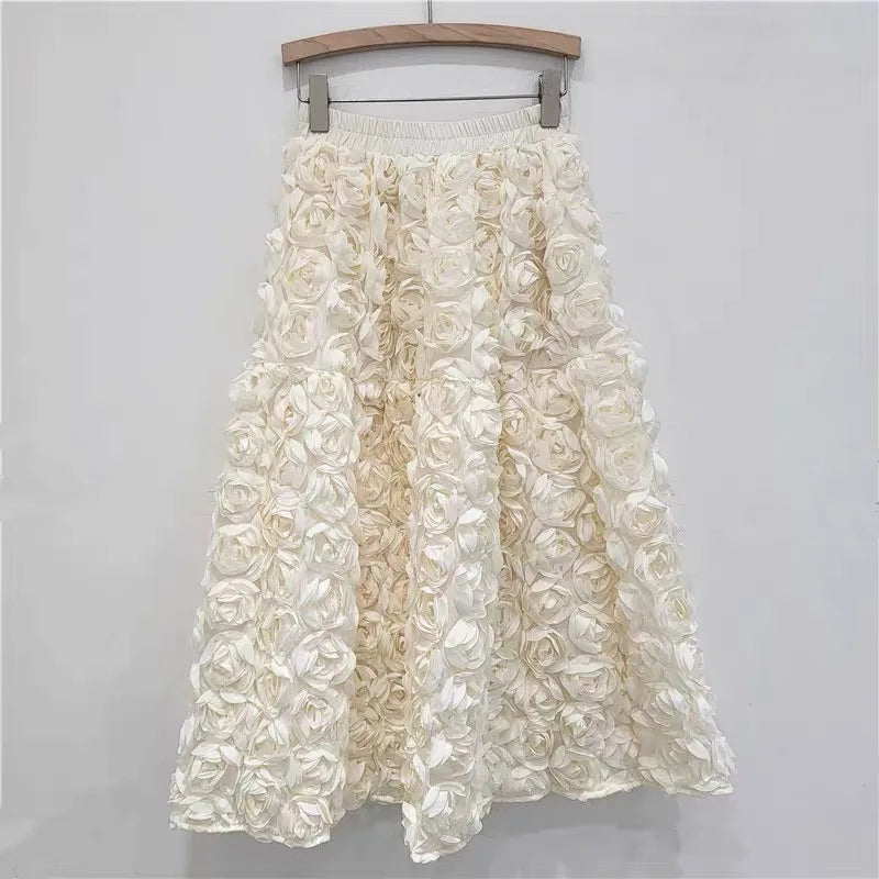 EWQ Casual Fashion 3D Flower Design All-match Loose Ball Gown Skirts High Waist Big Size Skirt Women 2024 Autumn New Tide - Seprincess