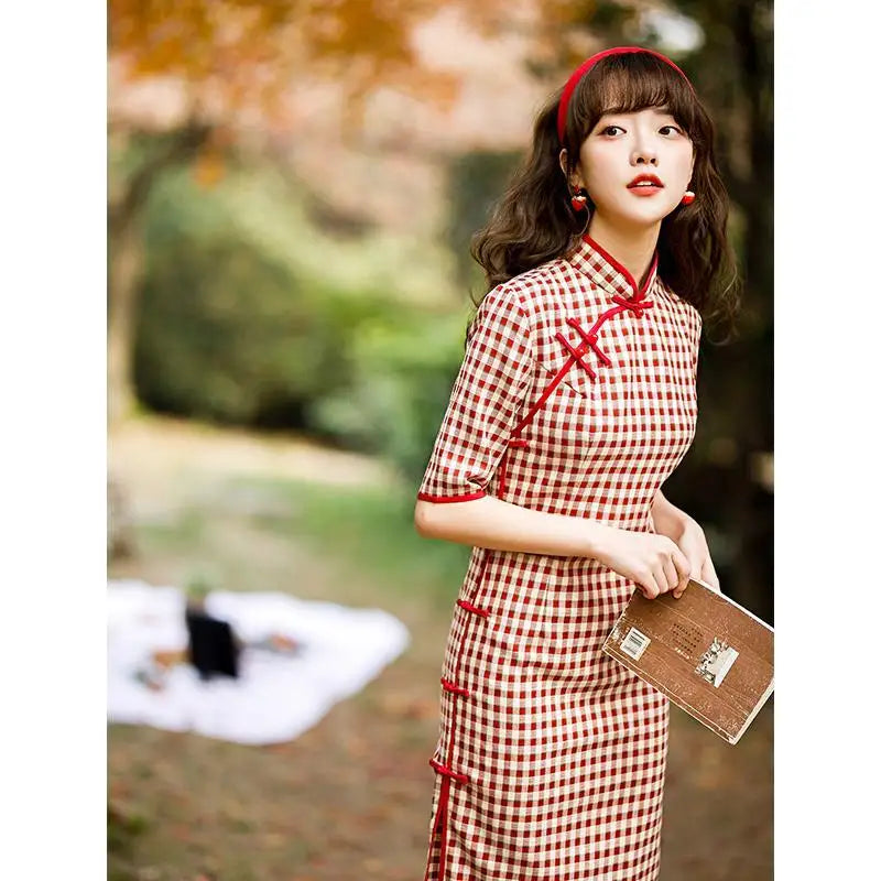 Plaid Cheongsam Young Girl 2024 Spring New Style Literary Elegant Retro Chinese Style Qipao Dress - Seprincess