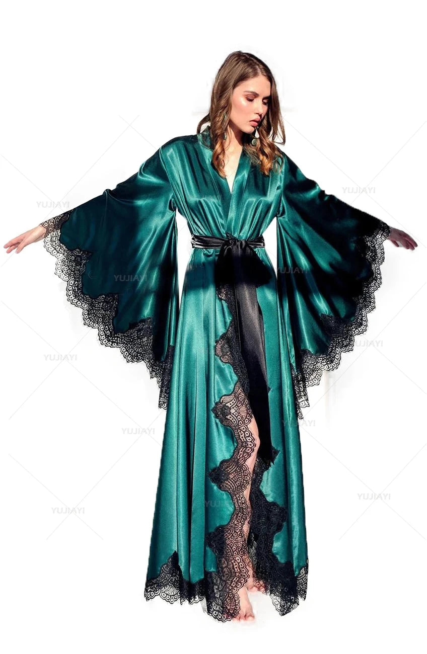 Women Robes Sleepwear Kimono Pajamas Pure Long Black Silk Satin Lace Trim Photography Dress Wedding Bride Gown Photo Shoot - Seprincess