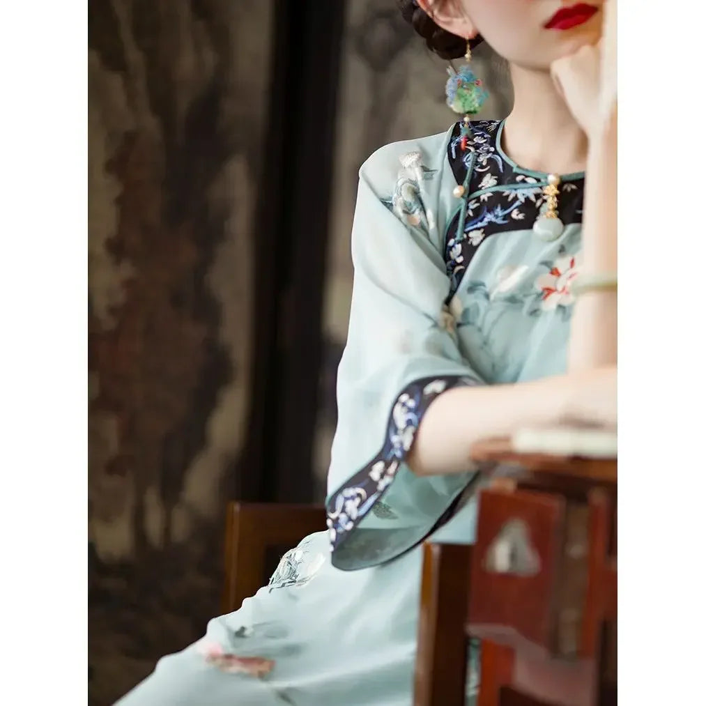 2023 Summer Elegant Round Neck Floral Printed Short Sleeved Cheongsam Qing Dynasty Dresses for Women Vietnamese Party Dress - Seprincess