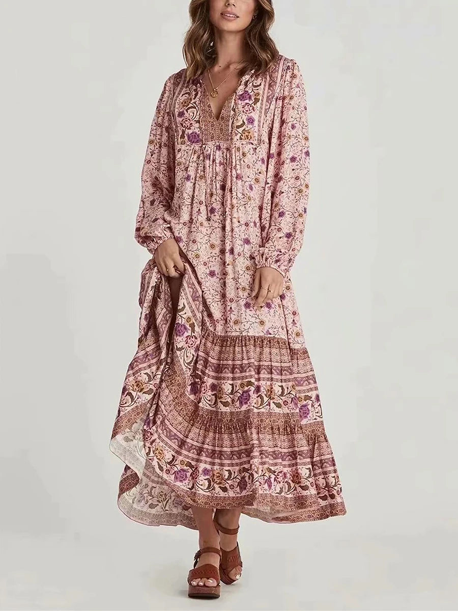 Bohemian Style Maxi Dress with Vintage Floral Print Long Puff Sleeves V-Neckline and Flowy A-Line Silhouette Perfect for - Seprincess