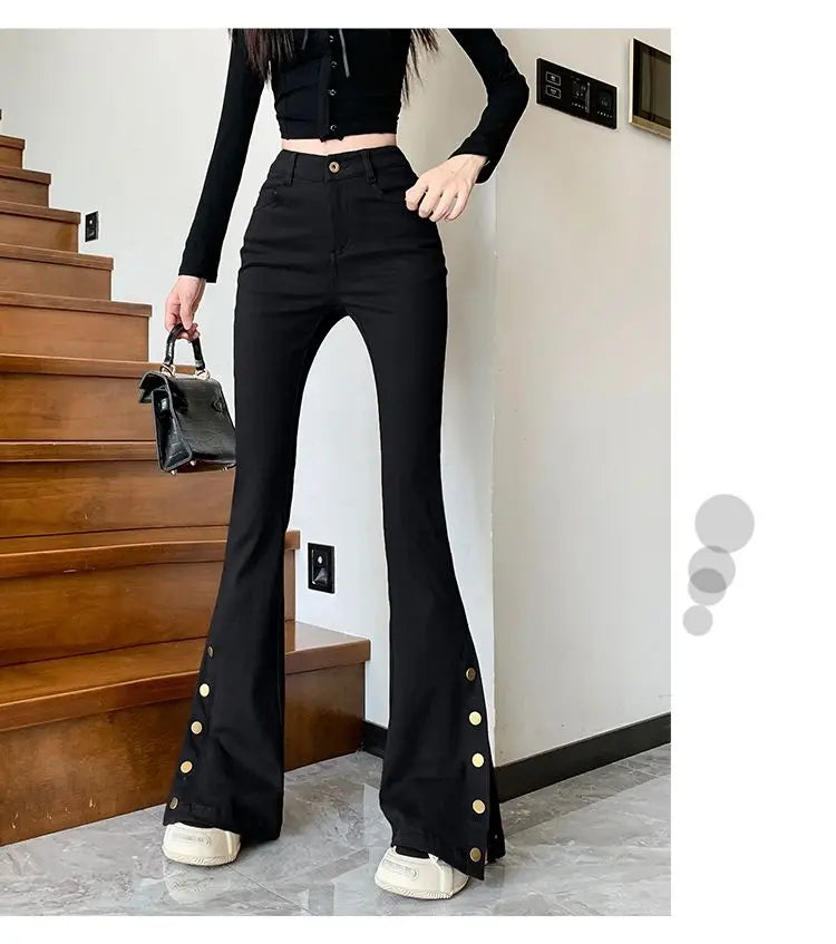 Micro-boot jeans brown buttoned design women's autumn and winter new high-waisted slim straight-leg floor mopping pants