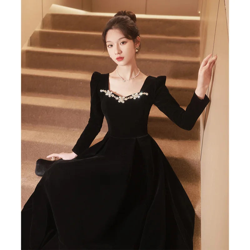 Autumn Winter Black Evening Dress Women Elegant  Luxury Velvet Long Sleeve A-line Party Dresses French Beadding Prom Gown - Seprincess