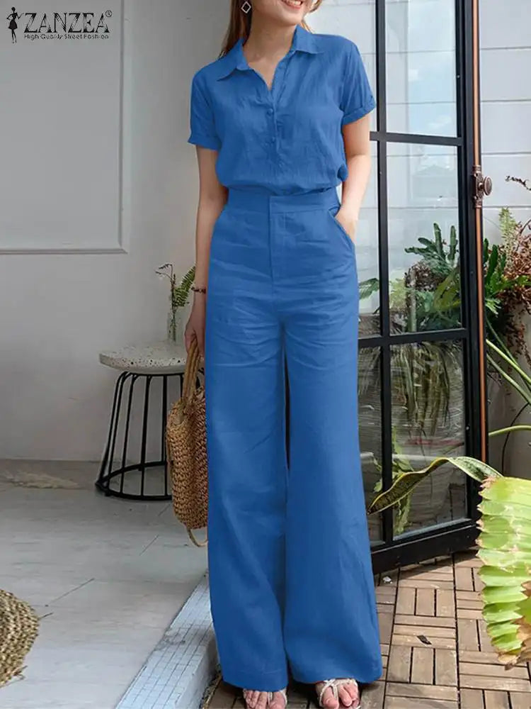 ZANZEA Summer Women Matching Sets OL Work Outfits Causal Short Sleeve Shirt Loose Wide Leg Pants Fashion Suit Urban Tracksuits - Seprincess