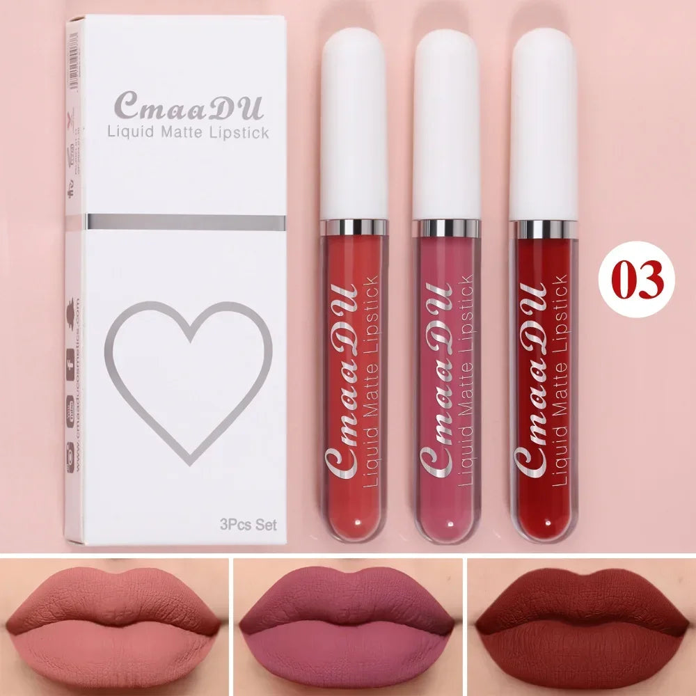 3Pcs/Set Waterproof Matte Nude Lip Gloss Brown Nude Pigment Dark Red Long Lasting Velvet Liquid Lipstick Women Makeup Lip Glaze