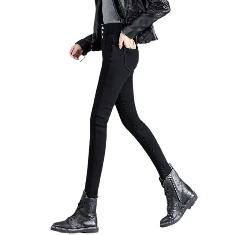 High-waisted Fleece-lined Jeans Women's Winter New Slimming Black Slim Fit Trendy Pencil Leggings