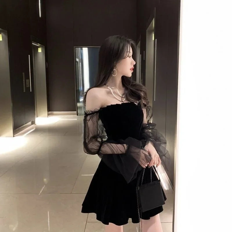 New Spring and Summer Sexy Mesh Puff Sleeve Black Strapless Puff Dress Women Woman Dress Vestido De Mujer Femme Robe - Seprincess