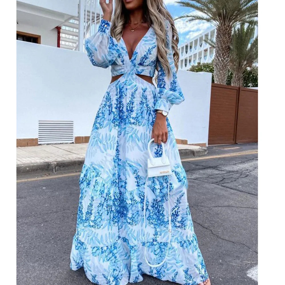 Spring New Long Dress Fashion Print Sexy Deep V-neck Long Sleeved Dress Women's Elegant Hollow Out Ruffle Spliced Maxi Dress - Seprincess