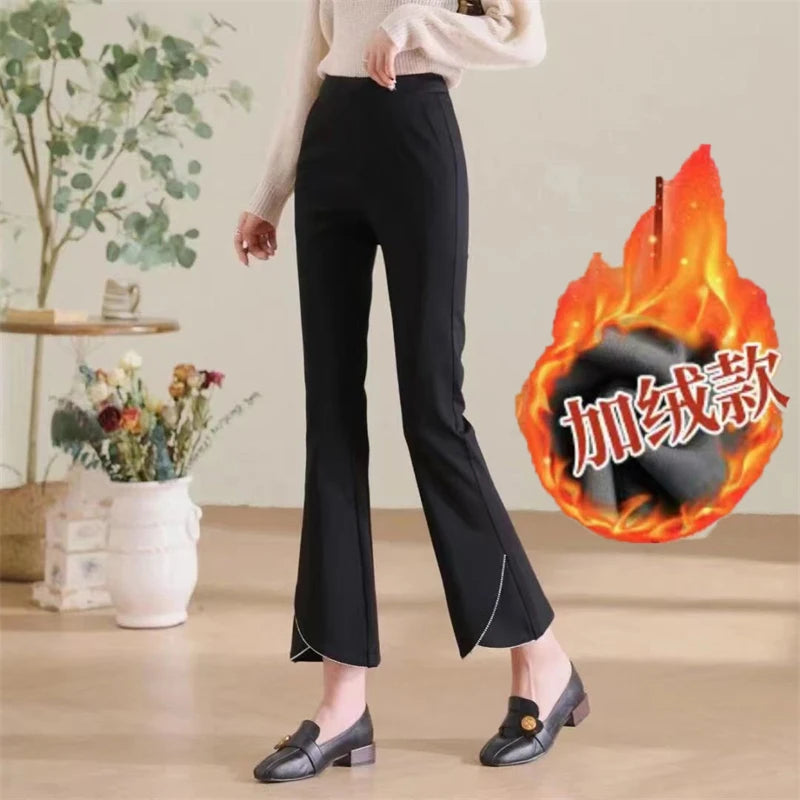 Women Korean Fashion Elegant Chic Flare Pants Autumn Winter Female Black High Waist Plush Thick Trousers Slim Pockets Pantalones