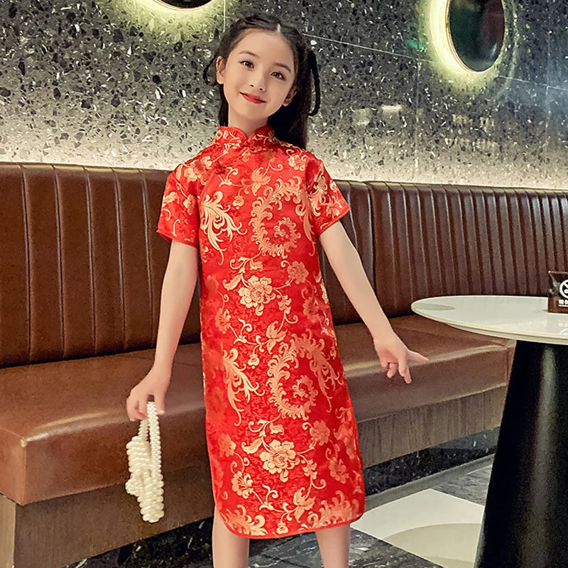 Classical Chinese Style Qipao Children Cheongsam Silk Brocade Princess Dress Baby Girl Print Cheongsams Handmade Button Clothing - Seprincess