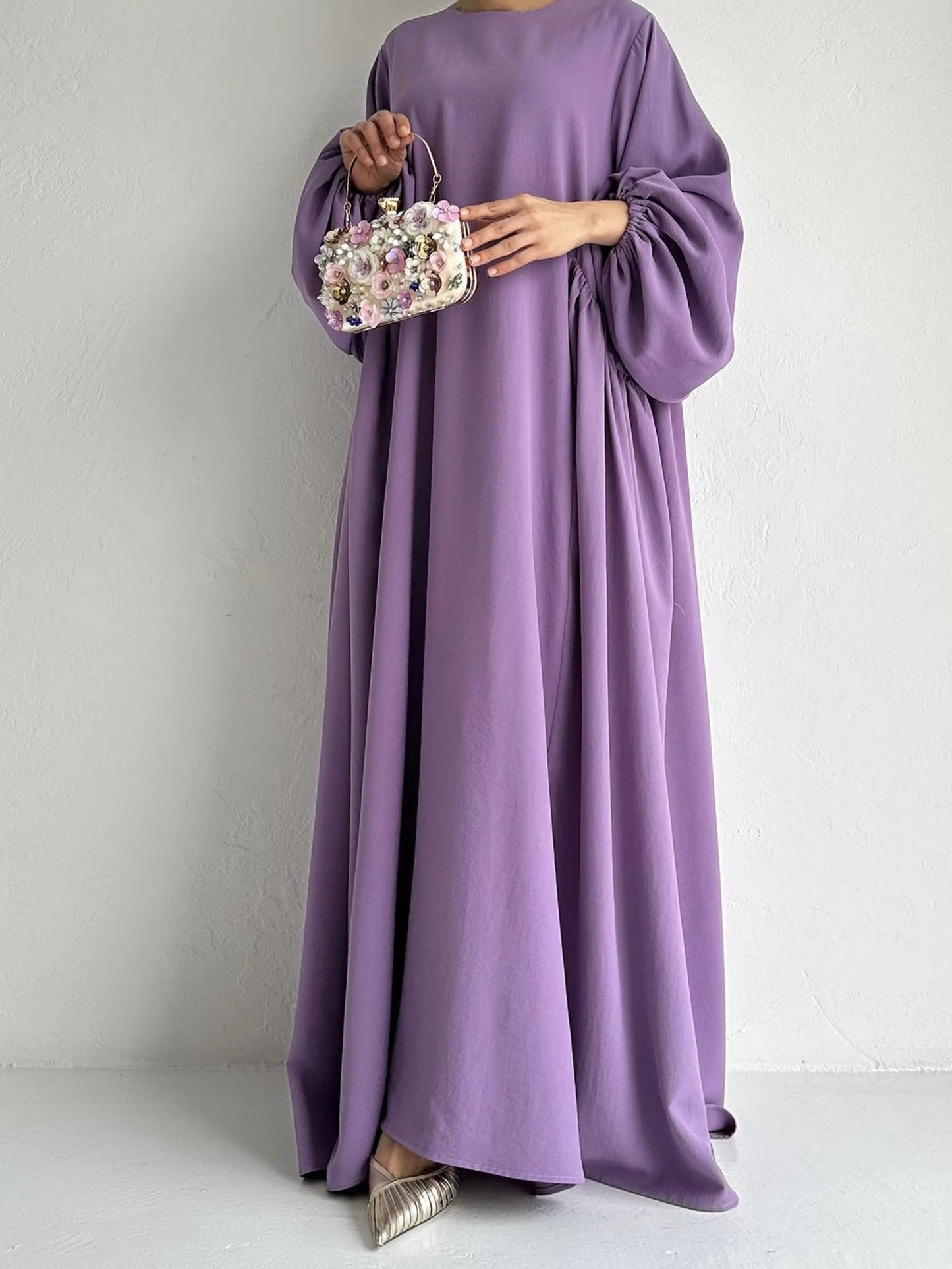 Abaya Ramadan Solid Bishop Sleeve Kebaya Kaftan, Elegant Crew Neck Maxi Length Dress,  Islam Abayas For Women - Seprincess