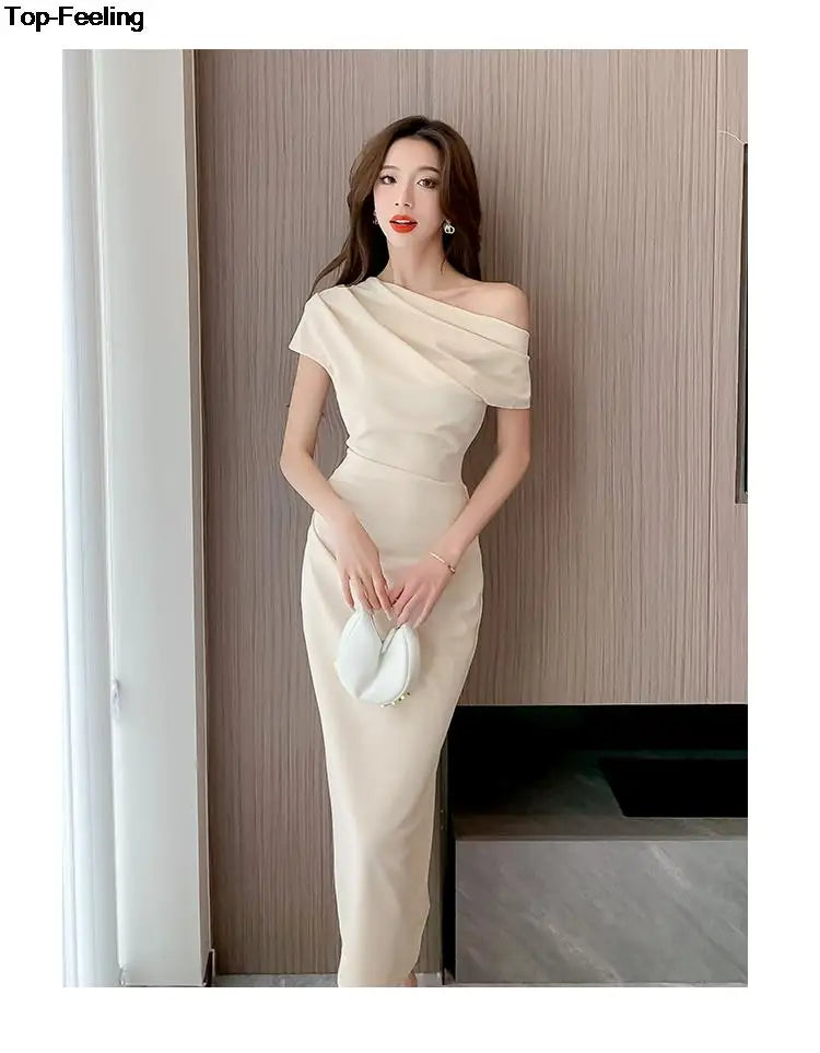 Elegant Off Shoulder Evening Party Dresses Women Summer Fashion Slim One Piece Solid Vestidos Korean Graduation Robe Clothing - Seprincess